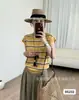 Top de punto a rayas de manga corta, cuello redondo, bloques de color, rejuvenecedor, para mujer, diseño de verano, moderno, adelgazante, elegante, versátil, top de mujer de moda