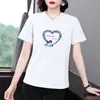 Camiseta de Manga Corta Talla Grande para Mujer, Estilo Coreano Casual Holgada, Top Adelgazante de Hombro Normal para Señoras de Mediana Edad