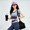 Traje deportivo de dos tonos para fitness para mujer, top de manga corta de secado rápido y pantalones largos, ropa profesional adelgazante para entrenamiento de yoga y Pilates