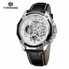 Reloj Mecánico Impermeable Forsining para Hombre Moda Casual Correa de Acero Esqueleto Automático Mecánico Caja Dorada Esfera Dorada