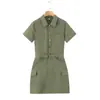 Comercio Exterior Europeo y Americano Verano Nueva Moda Elegante Cuello Solapa Manga Corta Un Botón Camisa Vestido de Trabajo para Mujeres en Verde Militar