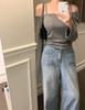Elegante Coreano Primavera y Otoño Nuevo Estilo Francés Simple Moda Hombros Descubiertos Cuello Halter + Tirantes Finos Ajustado Tejido Conjunto de Dos Piezas para Mujer