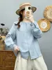 Camisa de gaze de algodão de camada dupla com gola alta e mangas compridas para mulheres, design artístico vintage com linhas plissadas, macia e agradável à pele, top de corte solto