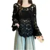 Suéter Hueco de Ganchillo Francés con Mangas de Campana, Nuevo Estilo de Primavera Holgado Negro Exterior, Blusa Elegante y Hermosa