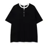 Camiseta de Manga Corta con Cuello Redondo y Media Botonadura, Bloques de Color, Falso Dos Piezas para Hombre, Verano, Holgada, Casual, Ins, Estilo Americano Moderno