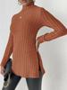 Jersey de cuello alto para mujer, ropa transfronteriza europea y americana para mujer, otoño e invierno, nueva camisa ajustada con abertura en la parte inferior, a rayas de longitud media