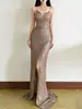 Vestido de noite com alça de lantejoulas cáqui para mulheres, decote em V, cintura marcada, fenda, vestido longo sereia, adequado para banquetes, eventos de recepção e cerimônias adultas