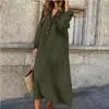 Vestido Versátil de Longitud Media con Cuello en V y Mangas Largas, Falda de Algodón y Lino, Vestido Holgado para Mujer de Tallas Grandes que Oculta la Figura, Nuevo para Primavera y Otoño