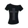 Camiseta Y2K Hot Girl con Patrón de Cruz Decorada con Pedrería, Cuello Asimétrico, Hombros Descubiertos, Corte Ajustado que Ceñe la Cintura, Nuevo Estilo Transfronterizo Primavera/Verano 2026