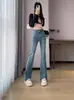 Calça Jeans Flare Vintage Azul com Fenda Dividida para Mulheres, Forrada com Lã para o Inverno, Tamanho Grande, Valoriza o Corpo Pera, Calça Bootcut com Barra Desfiada