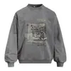 Moletom com Capuz Tie-Dye Desgastado Estampa de Retrato Abstrato Masculino Largo Casual Tendência Marca Lavado Gola Redonda