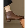 Botines de Estilo Occidental para Mujer, Botines Sencillos de Primavera y Otoño, Punta Redonda, Tacón Medio, Tacón Grueso, Cremallera Trasera, Temperamento Marrón, Felpa Gruesa de Invierno