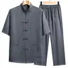 2026 Novo Traje de Verão Estilo Tang Masculino de Manga Curta Roupa de Verão para o Pai Conjunto Confortável de Duas Peças Traje de Verão para Meia-Idade e Idosos