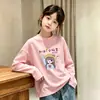 Roupa íntima de algodão puro com gola redonda para meninas no outono, camiseta elegante e versátil de manga comprida com corte solto para meninas