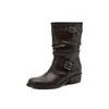 Botines Elegantes Versátiles Hebilla Ajustable Apilados 2026 Otoño Invierno Tacón Medio Grueso Punta Redonda Piel de Vaca Arrugada Botines Cortos para Mujer