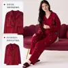 Pijama Rojo para Mujer en Primavera y Otoño con Cárdigan Acolchado de Algodón con Cuello Kimono Conjunto Dulce Casual para Casa