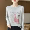 2025 Outono Inicial Nova Malha Worsted Gola Redonda Manga Longa Feminina Estampa Animal Pulôver Solto Camisa Base Top