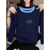 Camiseta de manga larga de algodón puro con cuello redondo, bloques de color y diseño asimétrico único para mujer, moderna y versátil, camiseta básica adelgazante, nuevo estilo de otoño