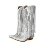 Botas de Salto Alto até o Joelho com Franjas e Lantejoulas em Dourado e Prata, Saltos Grossos, Sapatos Femininos de Moda de Palco Plus Size