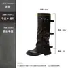 Botas de montar de cuero para mujer, a la moda, hechas a medida, para otoño e invierno, con hebilla cuadrada, puntera cuadrada, plisadas, de media pantorrilla, de la fábrica de origen de Huizhou