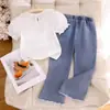 26 Fornecimento Exclusivo Transfronteiriço de Novos Conjuntos para Meninas, Camisa Três-Quartos com Estampa Floral Tridimensional da Moda + Conjunto de Duas Peças com Calça Longa Jeans