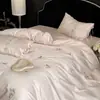 Juego de Cuatro Piezas de Algodón Puro de Fibra Larga 100S Estilo Princesa Rosa Bordado de Flores de Rosa Francesa Funda Nórdica Ropa de Cama de Algodón Puro