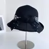 Chapéu de Pescador Elegante de Malha com Laço Franzido de Seda Estilo Francês para Mulheres, Chapéu de Palha com Proteção Solar de Verão, Chapéu Bucket para Férias na Praia, Moderno