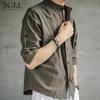 Camisa de lino de siete puntos de manga corta para hombre, camiseta de manga larga de verano 2021, camisa casual, cuello holgado de talla grande, moda para hombre