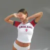 Nuevo Top Azul de Verano/Primavera Europeo y Americano, Delgado, Ajustado, Estampado de Letras, Y2K, Camiseta de Verano para Mujer con Ombligo al Aire, Sexy Transfronterizo