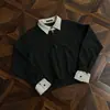 Sudadera estilo americano de dos piezas falsas con cuello de polo, camiseta de manga larga con media cremallera para hombre, jersey a cuadros con cuello limpio