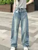 Calça Jeans Lavada Estilo Retrô Americano Scimitar para Mulheres, Novo Estilo Verão 2026, Caimento Solto, Emagrecimento, Fluido, Calça Casual Comprida