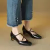 Versión de Piel de Vaca~Zapatos de Salón Cuadrados Estilo Francés para Mujer, Nuevo Modelo Primavera y Otoño, Zapatos de Piel Mary Jane con Tacón Grueso en Rojo y Negro con Una Correa