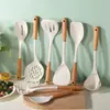 Juego de Utensilios de Cocina de Madera de Haya y Silicona Blanca Translúcida, Espátula Resistente al Calor de Grado Alimenticio, Cucharón para Sopa y Cuchara Ranurada para Cocina Casera