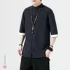 Camisa Masculina de Linho com Fivela Manga Curta Estilo Chinês Verão Masculina Meia-manga Traje Tang Estilo Antigo Algodão e Linho Hanfu Terno Zhongshan Chinês
