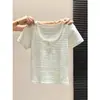 Camisa Base Abotonada de Cuello Semiabierto para Mujer, Camiseta Rayada en Contraste Azul y Blanco Estilo Veraniego Ins, Talla Petite, Hombros Normales Mangas Cortas