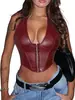 Top Cropped Colete Feminino de Couro PU com Amarração no Pescoço, Costas Abertas, Assimetrico, para Festa