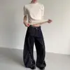 Calça Jeans Masculina Casual de Cintura Alta com Botões Frontais Curvos, Caimento Solto, Perna Larga, Estilo Americano, para 2025