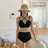 Traje de baño de color sólido con tiras, estilo surcoreano transfronterizo, nuevo estilo, traje de baño para cubrir el abdomen, de cintura alta, bikini triangular con abertura para mujer