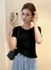 Camiseta Negra de Manga Corta para Mujer, Nuevo Top de Punto Corto Versátil para Verano, Blusa Impresionante