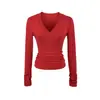 Camiseta de Manga Larga con Diseño de Chica Atractiva, Cuello en V Plisado por Ambos Lados para Mujer, Dobladillo Elástico Ajustado, Color Sólido Asimétrico, Top Básico