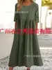 Amazon Cross-Border Europeu e Americano Plus Size Moda Feminina Vestido Retro de Algodão, Linho e Linho com Costura Plissada de Manga Média