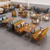 Mesas y sillas de cafetería de moda, tienda de postres y té de leche, bar de libros, sala de reuniones y recepción, juego de bancos dobles de madera maciza para ocio