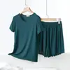 Pijama de Modal para Mujer de Verano, Manga Corta y Shorts, Delgado, Casual, Color Sólido, Adecuado para Salir, Conjunto Fresco y Cómodo para Estar en Casa