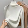 Suéter de gola alta 100% lã pura para mulheres, adequado para o outono, pode ser usado como camada interna ou sozinho, com gola alta sobreposta, blusa de tricô de manga longa