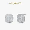 Pendientes de Botón Cuadrados Pequeños con Diamantes Completos S925 Plata de Ley Transfronterizos Europeos y Americanos Nuevos Súper Brillantes para Mujer, Diseño de Moda de Lujo Ligero con un Toque de Alta Gama