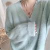 Suéter Veludo Vison Imitação Macio Azul Leite para Mulheres no Outono e Inverno Pulôver Espesso Estilo Folgado Preguiçoso Tricotado Decote V Camisa Base para Mulheres