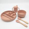 Plato de cena plato de comida complementaria plato rayado con ventosa para bebé plato cuchara Tenedor juego de vasos de agua cuchara con mango de madera Tenedor compartimento infantil