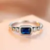 Anillo Rongxing Rectangular de Piedra Azul Transfronterizo, Piedra Principal Incrustada con Piedras de Acento Redondas de Doble Cara, Banda Delgada, Anillo Sencillo para Mujer