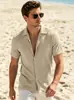 Tamanho Europeu Transfronteiriço Masculino Verão Solto Casual Respirável Gola Reversível Cardigan Cor Sólida Tecido Jacquard de Toalha Manga Curta Camisa Estilo Americano