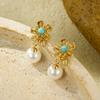 Lujo Ligero y Pendientes de Acero Inoxidable con Colgante de Flor de Alta Gama con Incrustaciones de Piedra Natural y Perla, Estilo Retro, Nuevos Pendientes Transfronterizos para Mujer